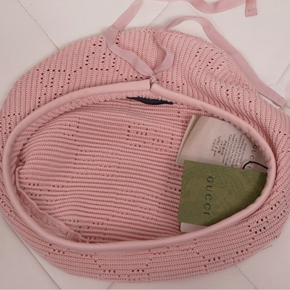 GUCCI GENUINE Pink Knit Beret with Ribbon Tie - Women's Fashion Accessory - Picture 6 of 10